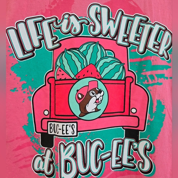 Life Is Sweeter At Buc-es's Pink Graphic Tee with Buc-ee's Design - Picture 1 of 7